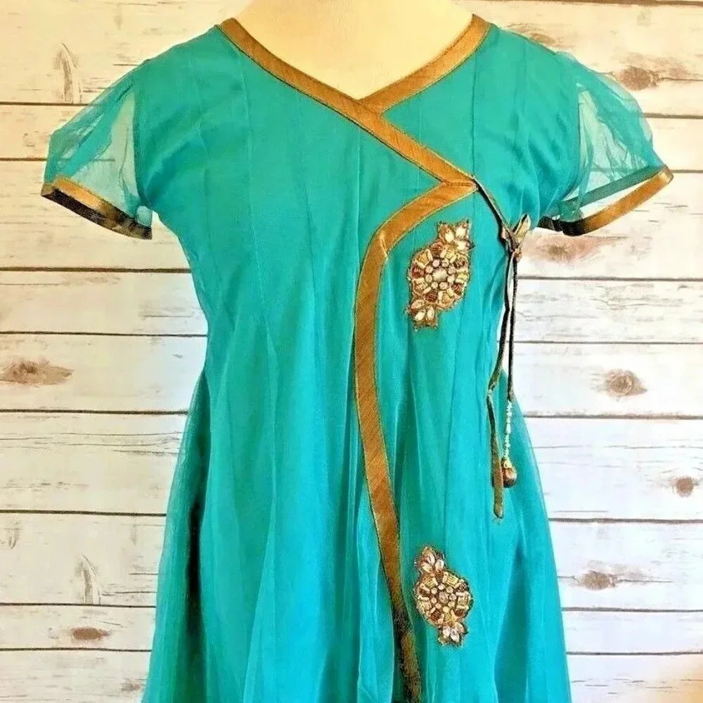Women Short Sleeve Fully Lined Knee Length Beaded Traditional Green Dress Small